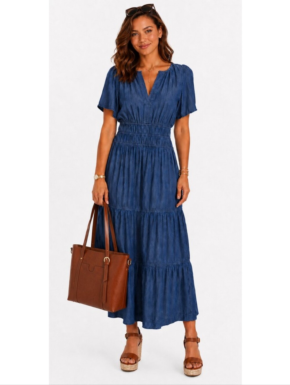 Tommy Hilfiger Women’s Blue Chambray Tiered Maxi Dress Size 2 Smocked Waist.